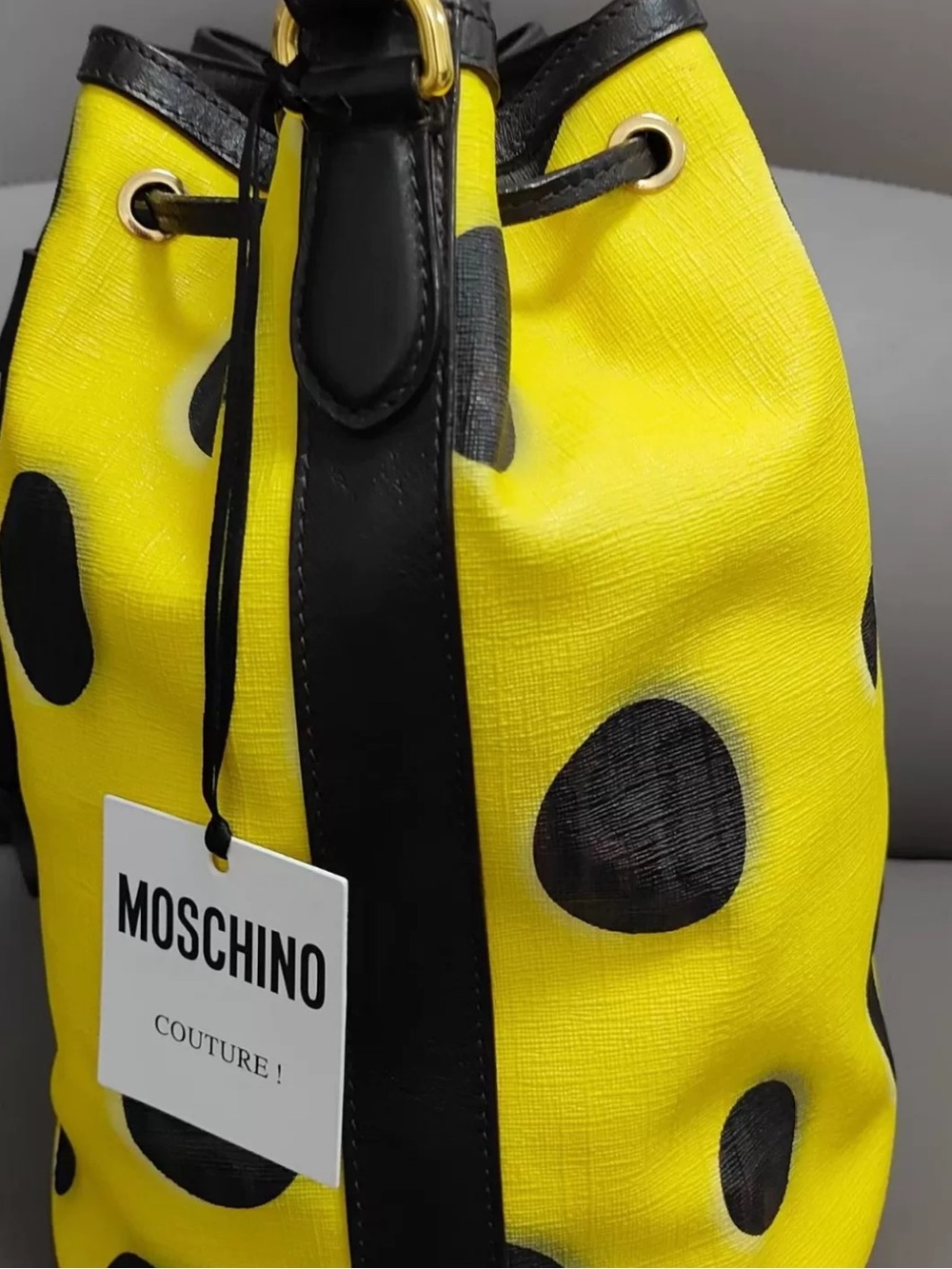 Moschino Spongbob Yellow and Black Polka Dot Shoulder Bucket Bag with Straps - Picture 7 of 8
